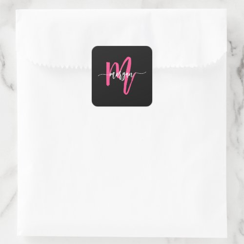 Hot Pink Black Modern Script Girly Monogram Name Square Sticker