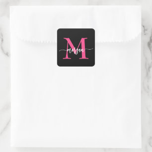 Hot Pink Black Modern Script Girly Monogram Name Square Sticker