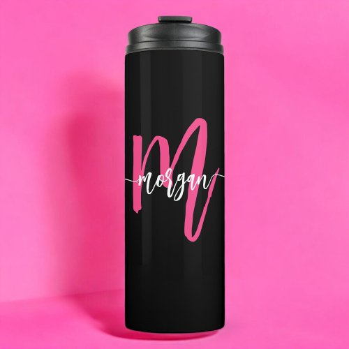 Hot Pink Black Modern Script Girly Monogram Name Thermal Tumbler