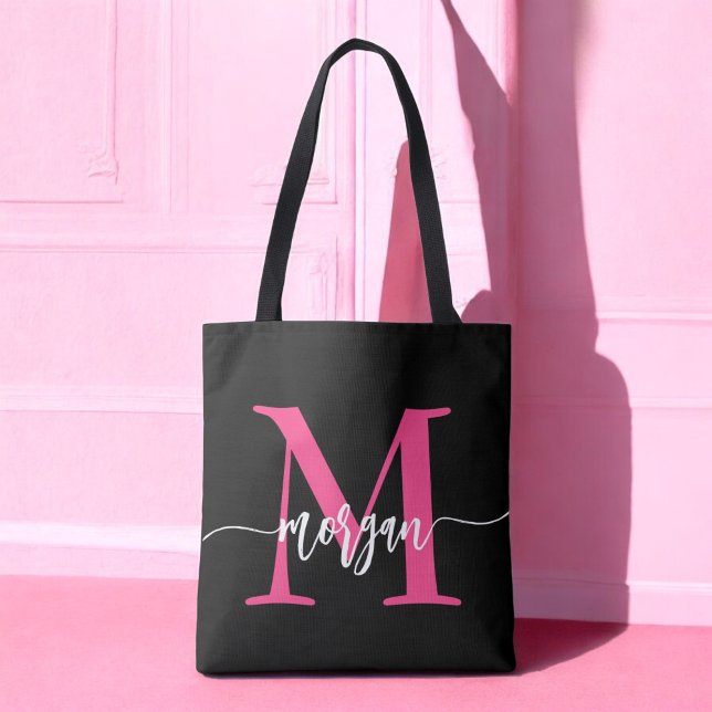 Hot Pink Black Modern Script Girly Monogram Name Tote Bag (Creator Uploaded)