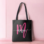 Hot Pink Black Modern Script Girly Monogram Name Tote Bag<br><div class="desc">Carry your essentials in style with our Hot Pink Modern Script Girly Monogram Name Tote Bag! Featuring a bold hot pink design, this tote is personalized with your name in a chic modern script for a trendy, custom look. Perfect for shopping, school, or everyday use, it offers ample space and...</div>