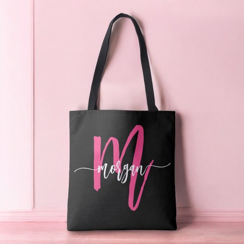 Hot Pink Black Modern Script Girly Monogram Name Tote Bag