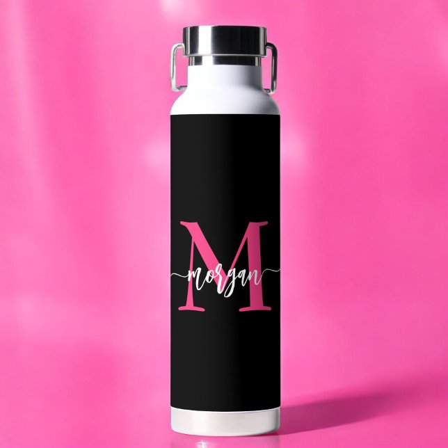 Hot Pink Black Modern Script Girly Monogram Name Water Bottle (Creator Uploaded)