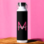 Hot Pink Black Modern Script Girly Monogram Name Water Bottle<br><div class="desc">Stay hydrated in style with our Hot Pink Modern Script Girly Monogram Name Water Bottle! Featuring a bold hot pink design, this water bottle is personalized with your name in an elegant modern script for a chic, custom touch. Perfect for school, workouts, or on-the-go, it’s made from durable, BPA-free materials...</div>