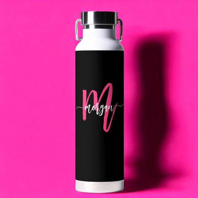 Hot Pink Black Modern Script Girly Monogram Name Water Bottle (Creator Uploaded)