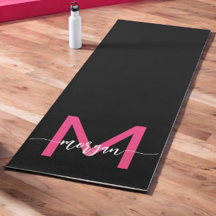 Hot Pink Black Modern Script Girly Monogram Name Yoga Mat