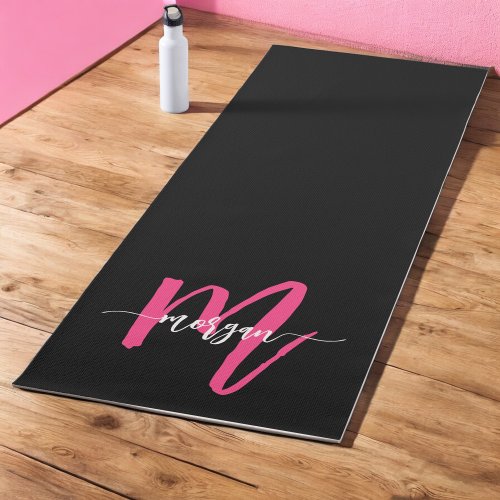 Hot Pink Black Modern Script Girly Monogram Name Yoga Mat