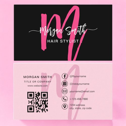 Hot Pink Black Modern Script QR Code Monogram Name Business Card