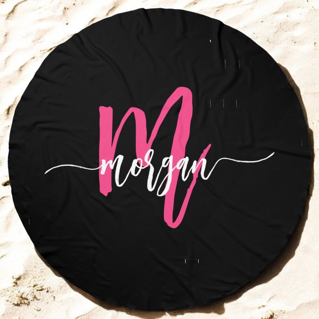 Hot Pink Black Monogram Bachelorette Party Beach Towel (Creator Uploaded)