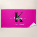 Hot Pink Black Monogram Beach Towel<br><div class="desc">This simple, elegant hot pink beach towel with your first name in a trendy script font in white, your first initial in a modern cap font in black, and your full name in CAPS in white is perfect for you. It's stylish and trendy and yet very classic. Get a bunch...</div>