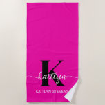 Hot Pink Black Monogram Beach Towel<br><div class="desc">This simple, elegant hot pink beach towel with your first name in a trendy script font in white, your first initial in a modern cap font in black, and your full name in CAPS in white is perfect for you. It's stylish and trendy and yet very classic. Get a bunch...</div>