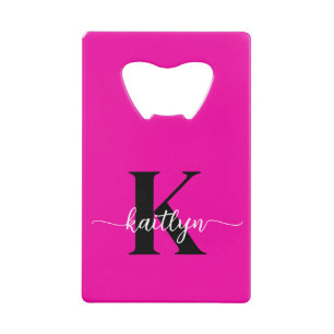 Hot Pink Black Monogram Credit Card Bottle Opener