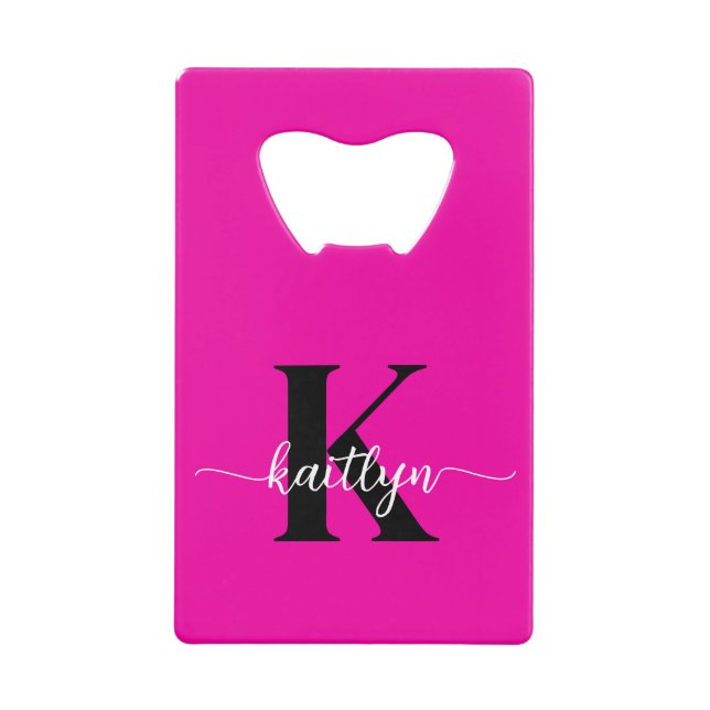 Hot Pink Black Monogram Credit Card Bottle Opener (Front)
