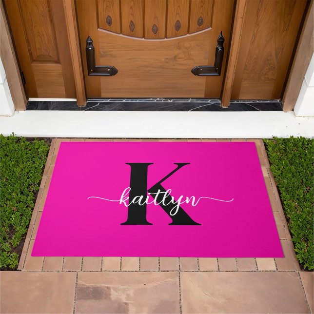 Hot Pink Black Monogram Doormat (Outdoor)