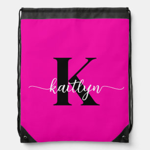 Hot Pink Black Monogram Drawstring Bag