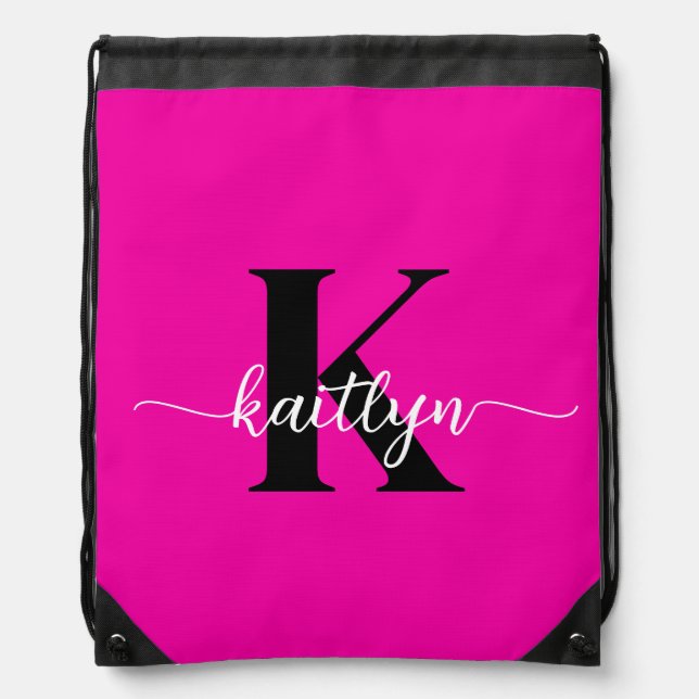 Hot Pink Black Monogram Drawstring Bag (Front)