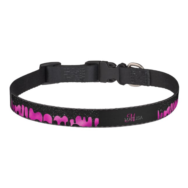 Hot Pink & Black Monogram Dripping Script Custom  Pet Collar (Front)