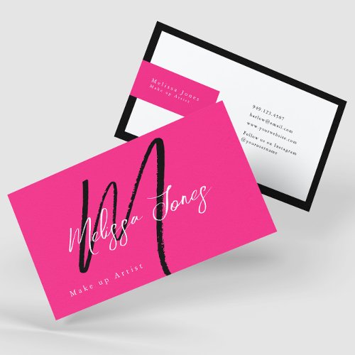 Hot Pink  Black Monogram Elegant Minimalist Business Card