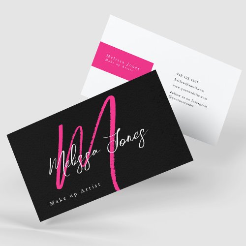 Hot Pink  Black Monogram Elegant Minimalist  Business Card