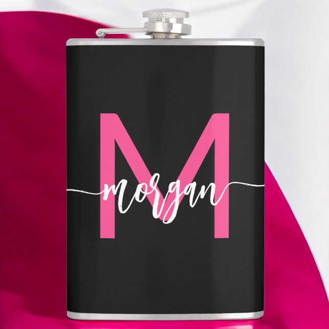 Hot Pink Black Monogram Girl's Bachelorette Party Flask (Creator Uploaded)