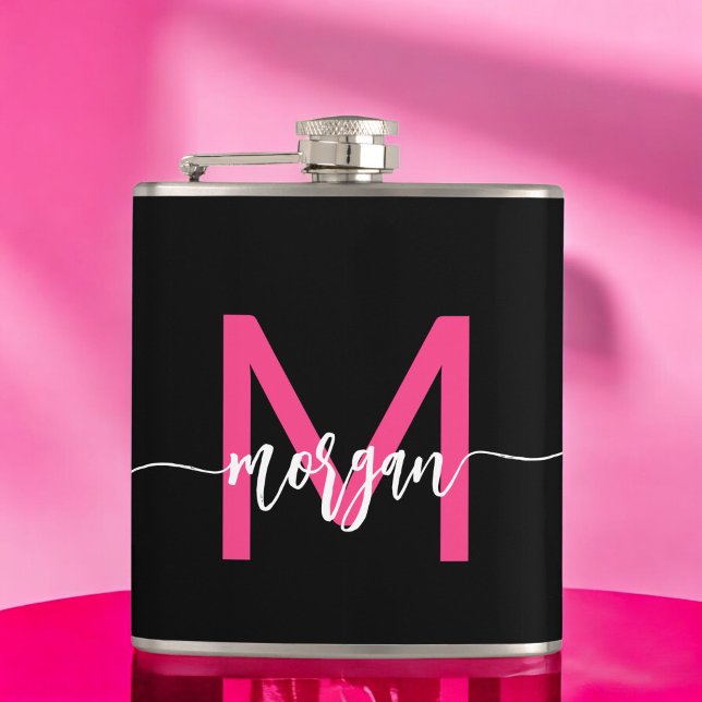 Hot Pink Black Monogram Girl's Bachelorette Party Flask (Creator Uploaded)