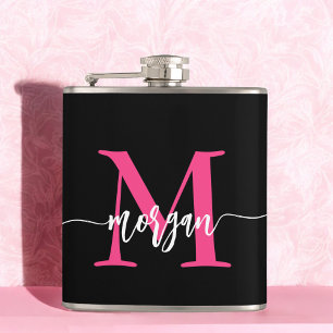 Hot Pink Black Monogram Girl's Bachelorette Party Flask