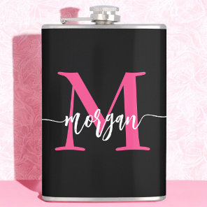 Hot Pink Black Monogram Girl's Bachelorette Party Flask