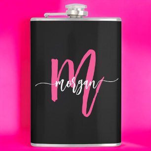 Hot Pink Black Monogram Girl's Bachelorette Party Flask