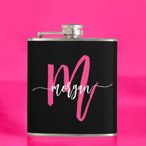 Hot Pink Black Monogram Girl's Bachelorette Party Flask