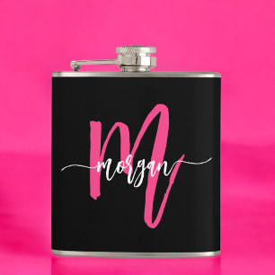 Hot Pink Black Monogram Girl's Bachelorette Party Flask