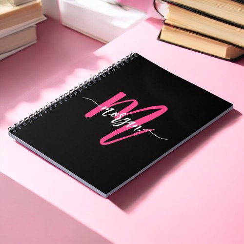 Hot Pink Black Monogram Girls Back to School Notebook