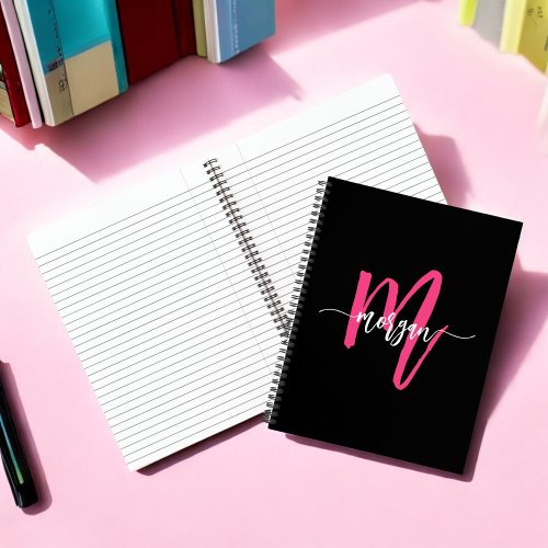 Hot Pink Black Monogram Girls Back to School Notebook