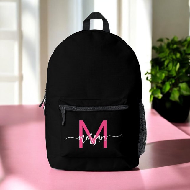 Hot Pink Black Monogram Girl's Back to School Printed Backpack (Creator Uploaded)