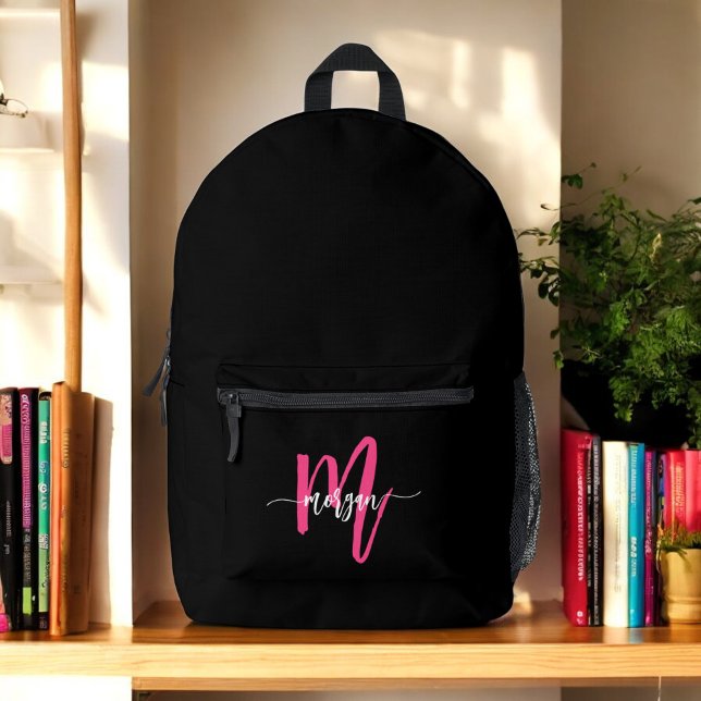 Hot Pink Black Monogram Girl's Back to School Printed Backpack (Creator Uploaded)