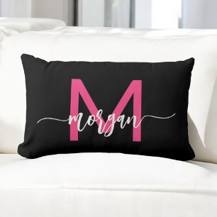 Hot Pink Black Monogram Girl's Dorm Room Lumbar Pillow