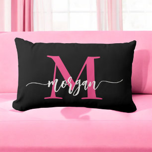 Hot Pink Black Monogram Girl's Dorm Room Lumbar Pillow