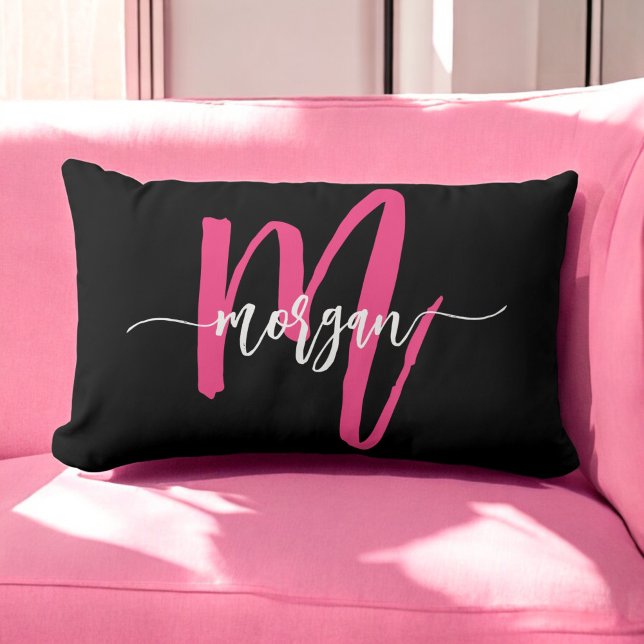 Hot Pink Black Monogram Girl's Dorm Room Lumbar Pillow (Creator Uploaded)