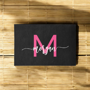 Hot Pink Black Monogram Girl's Dorm Room Outdoor Rug