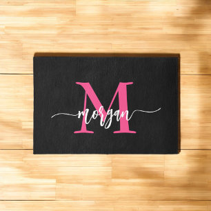 Hot Pink Black Monogram Girl's Dorm Room Outdoor Rug