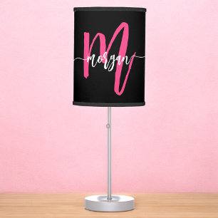 Hot Pink Black Monogram Girl's Dorm Room Table Lamp
