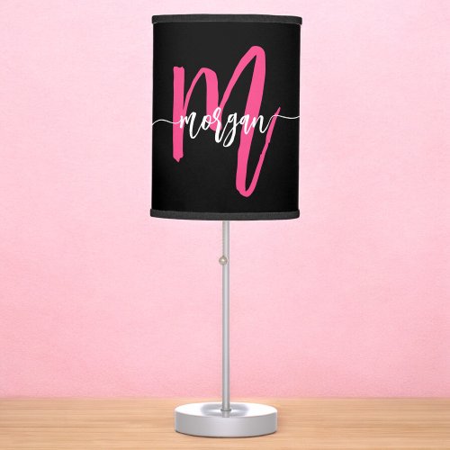 Hot Pink Black Monogram Girls Dorm Room Table Lamp