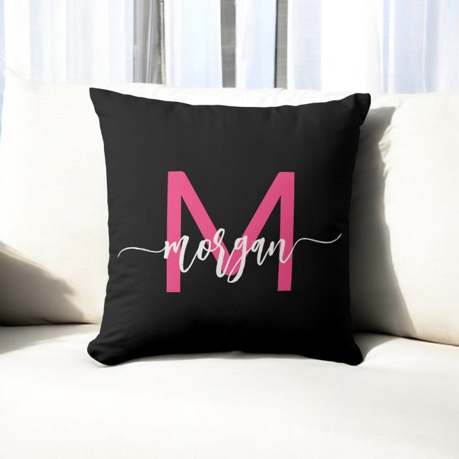 Hot Pink Black Monogram Girl's Dorm Room Throw Pillow (Creator Uploaded)
