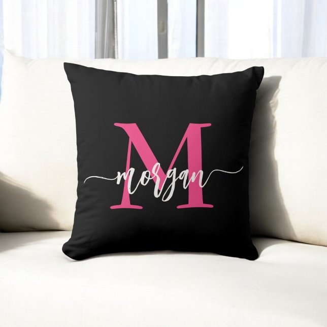 Hot Pink Black Monogram Girl's Dorm Room Throw Pillow (Creator Uploaded)