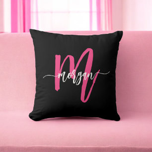 Hot Pink Black Monogram Girl's Dorm Room Throw Pillow