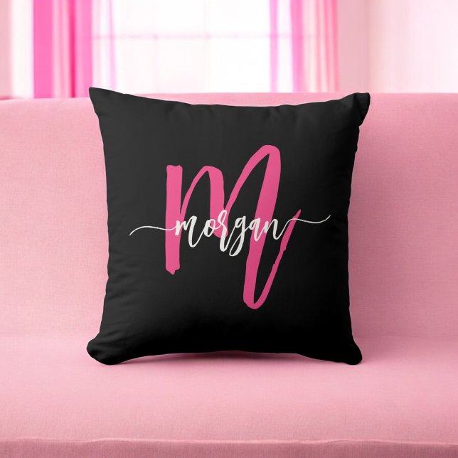 Hot Pink Black Monogram Girl's Dorm Room Throw Pillow (Creator Uploaded)