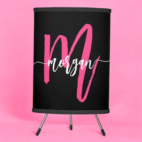 Hot Pink Black Monogram Girls Dorm Room Tripod Lamp