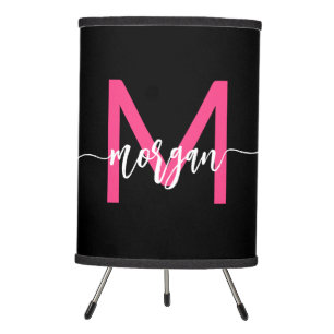 Hot Pink Black Monogram Girl's Dorm Room Tripod Lamp