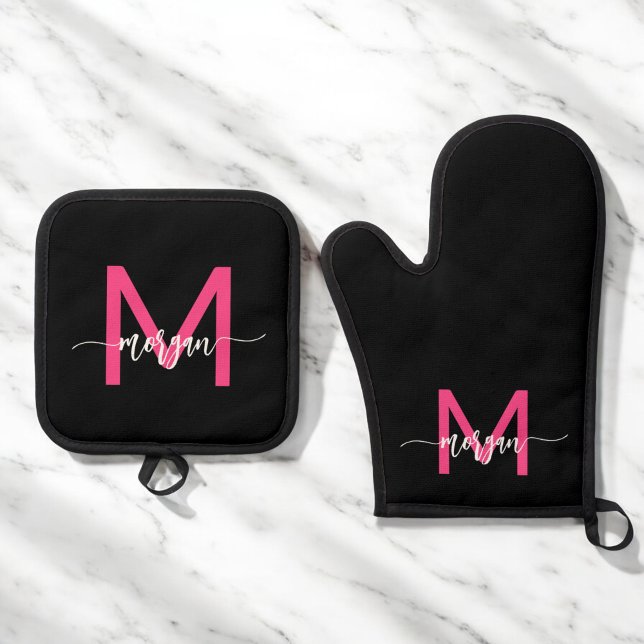 Hot Pink Black Monogram Girl's Kitchen Script Oven Mitt & Pot Holder Set (Creator Uploaded)