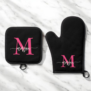Hot Pink Black Monogram Girl's Kitchen Script Oven Mitt & Pot Holder Set