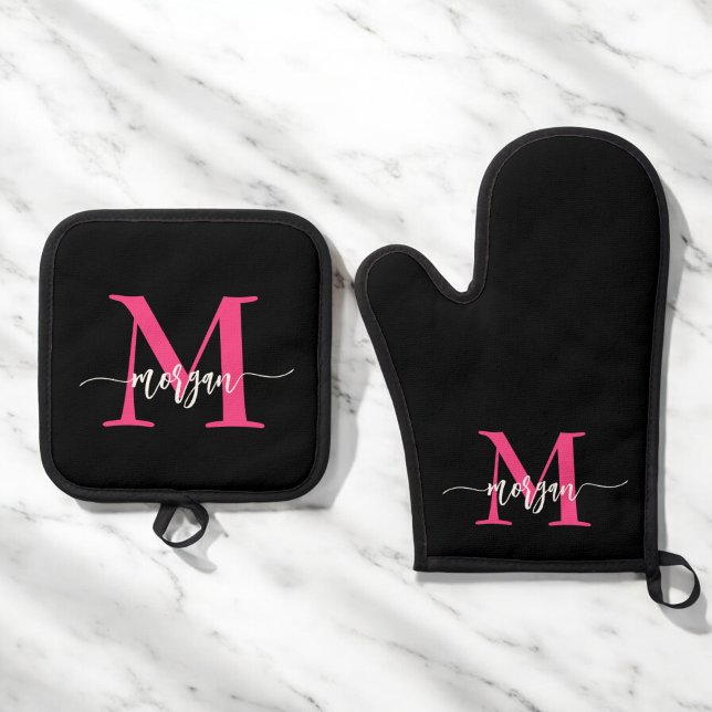 Hot Pink Black Monogram Girl's Kitchen Script Oven Mitt & Pot Holder Set (Creator Uploaded)